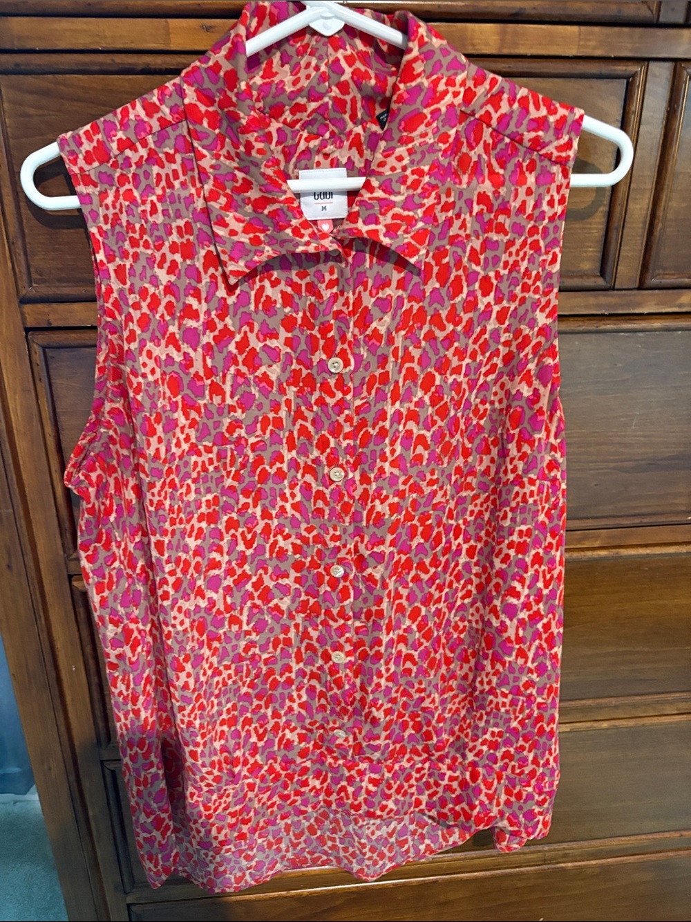 CAbi Sleeveless Button-Front Blouse in Pink and Red Animal Print
